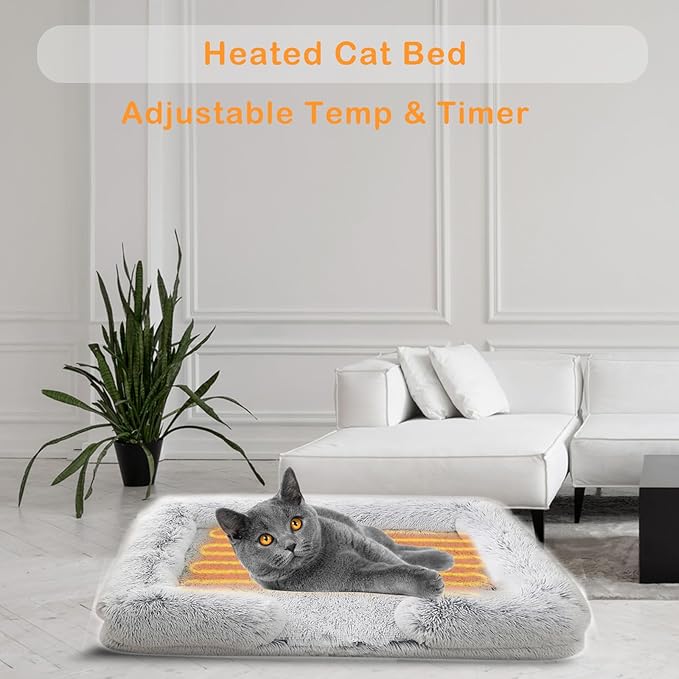 Fluffy Heated Cat Bed Indoor w/ 12V Electric Heating Pad, Thermal Warming Heated Pet Bed with Adjustable Temperature & Timer