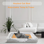 Fluffy Heated Cat Bed Indoor w/ 12V Electric Heating Pad, Thermal Warming Heated Pet Bed with Adjustable Temperature & Timer