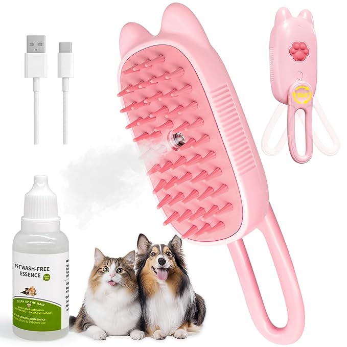 Cat Steam Brush for Dog & Cat, Spritz Defur Comb 3 in 1 Pet Rechargeable Steam Brush Tool for Long and Short Haired Cats and Dogs, Anti-Static, Shedding, Detangling, Massage & Combing (pink)