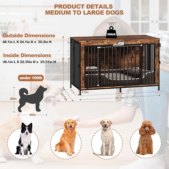 XL Dog Crate Furniture 48'' | Extra Large Heavy Duty Anti-Chew Dog Kennel | Rustic Wooden Cage End Table with 350LB Top Capacity | Escape Proof Double Door Pet House TV Stands
