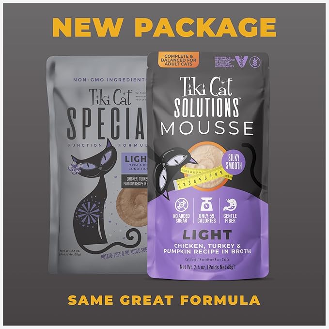 Tiki Cat Solutions Light Mousse, Chicken, Turkey & Pumpkin, Formulated to Support Healthy Trim and Fit, Functional Wet Cat for Adult Cats, 2.4 oz. Pouch (12 Count)