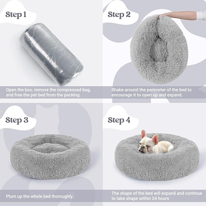 rabbitgoo Dog Bed for Small Dogs, 24 inches Washable Small Dog Bed, Fluffy Donut Dog Bed Anti-Slip, Calming Soft Plush Round Pet Bed for Dogs, Fits up to 18 lbs Pets, Light Grey