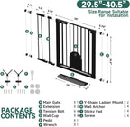 29.5"-40.5" Baby Gate with Cat Door for Stairs & Doorways - No Drilling, Easy Install 30.5" Tall, Auto-Close Metal Gate, Pressure Mounted - Indoor Gate for Cats and Pets, Black