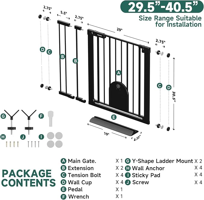 29.5"-40.5" Baby Gate with Cat Door for Stairs & Doorways - No Drilling, Easy Install 30.5" Tall, Auto-Close Metal Gate, Pressure Mounted - Indoor Gate for Cats and Pets, Black