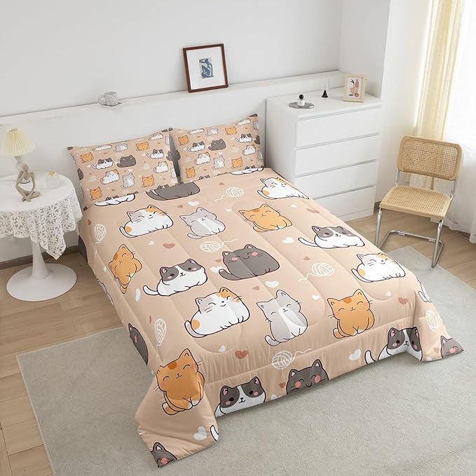 Erosebridal Cute Kitten Comforter Set Kawaii Cat Bedding Set King, Lovely Pet Bedding Sets & Collections Red Love Print Down Comforter, Animal Themed Bed Set Kids Room Decor 3pcs with 2 Pillowcases