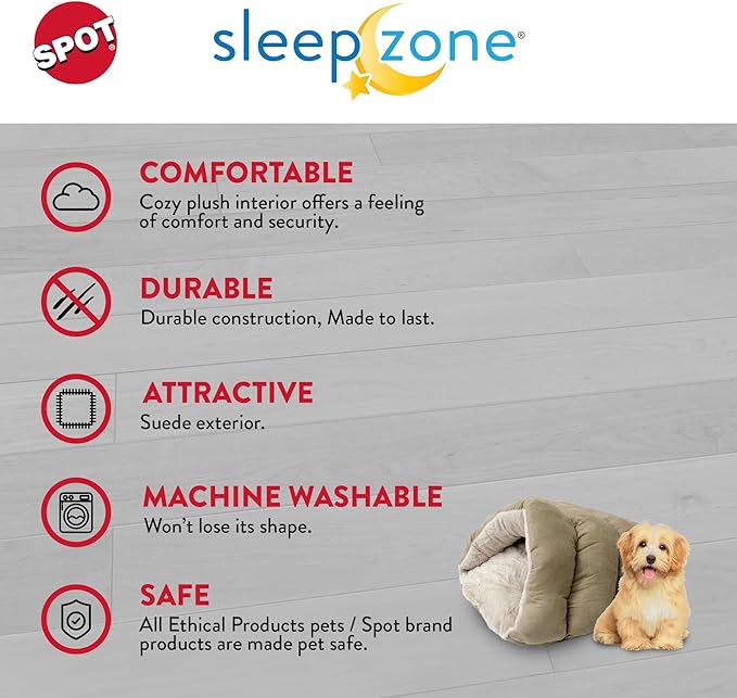 SPOT Sleep Zone Cuddle Cave - Cat Cave Bed for Indoor Cats and Mini Dogs, Durable, Comfortable, Washable for Kittens and Puppies Under 10 lbs and 12 inches Long, Tan Color