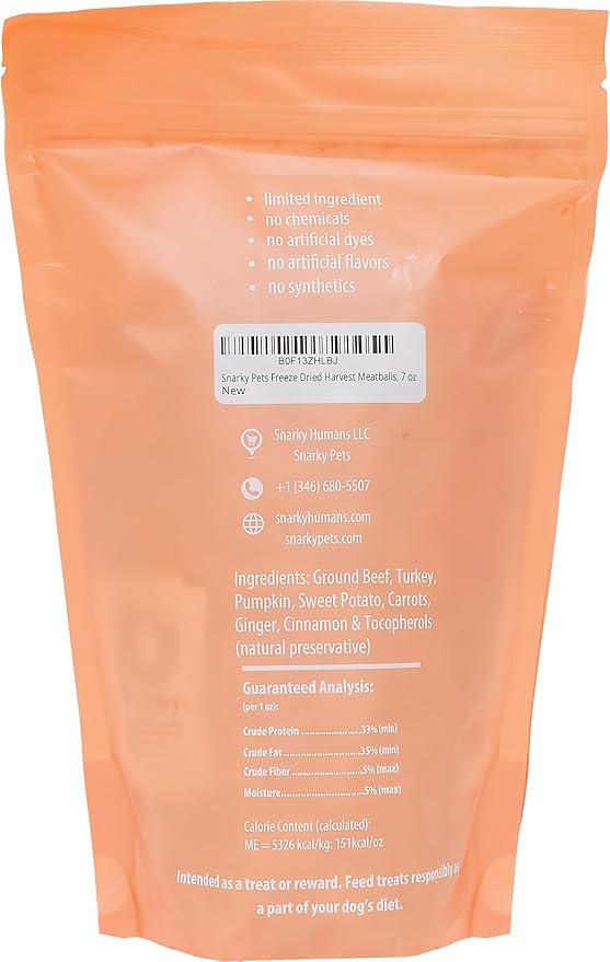 Freeze-Dried Dog Treats – Harvest Meatballs – Ground Beef, Turkey, Pumpkin, Sweet Potato & Cinnamon – Natural Treats for Small, Medium & Large Dogs – No Preservatives – 7 oz Bag
