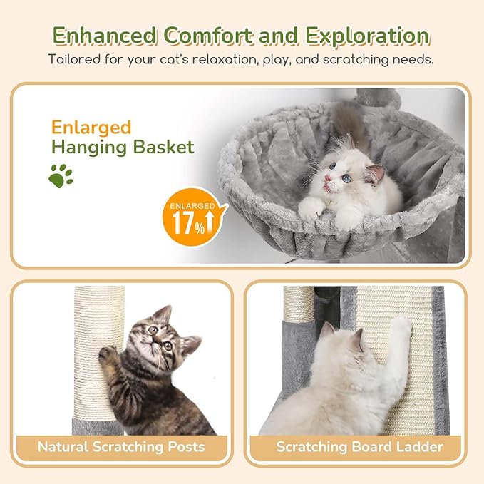 Globlazer Cat Tower for Indoor Cats, 52in Multi-Level Heavy Duty Cat Tower with 4 Scratching Posts, Ladder, Sturdy Cat Tree with 3 Cat Condos for Adult Cats Kittens, Hanging Basket, F52B, Light Grey