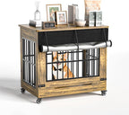 32" Dog Crate Furniture, Double Door Wooden Indoor Dog Kennel Furniture, Decorative Pet Cage End Table with Wheels for Medium and Small Breed Dogs, Size M, Rustic Brown