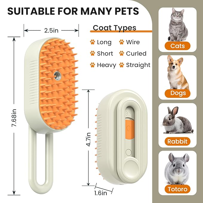 4 in 1 Cat Steam Brush for Shedding, Rechargeable Steam Brush with Foldable Handle, for Cats and Dogs Massaging and Cleaning, Multifunctional Hair Removal Comb (Cream)