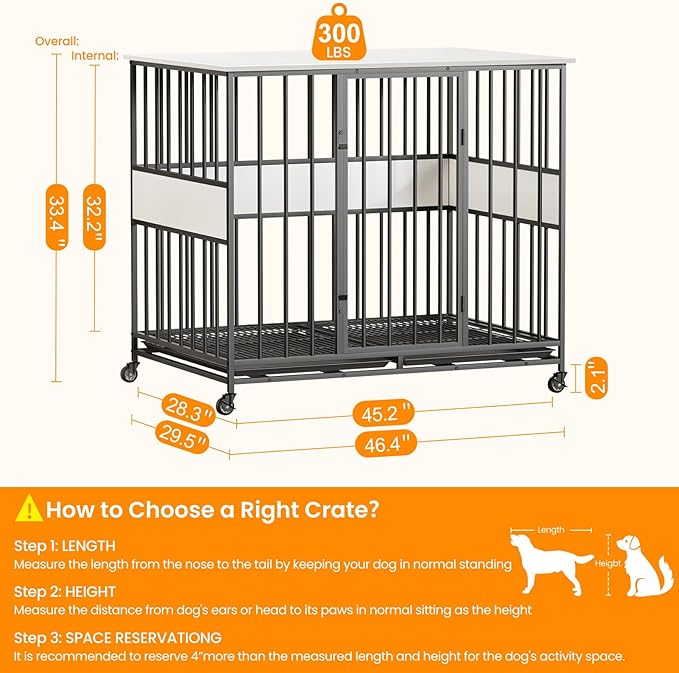 Dog Crate Furniture for Extra Large Dogs, 47 Inch Indoor Kennel, Wooden Pet Cage Decorative Corner End Table with Caster Wheels & Double Removable Tray, White