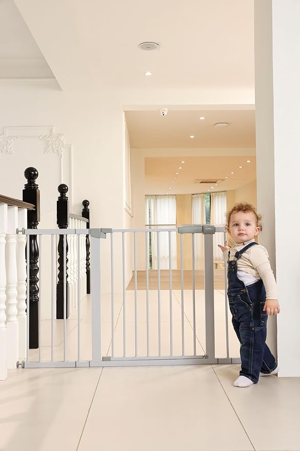 29"-57" Baby and Pet Safety Gate, 30" Tall Metal Walk-Thru Gate for Doorways & Stairs, Easy One-Hand Open, Dual Lock, Extensions & Wall Mounts Included (White, 29"-54" W x 30.5“H)