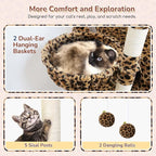 Globlazer Heavy Duty Cat Tree, 74inch Sturdy Cat Tower for Large Cats Adult, Big Cat Tree with 5 Sisal Scratching Posts, 2 Padded Cat Condos, 2 Hanging Baskets, Enlarged Top Perch, S74, Leopard Print