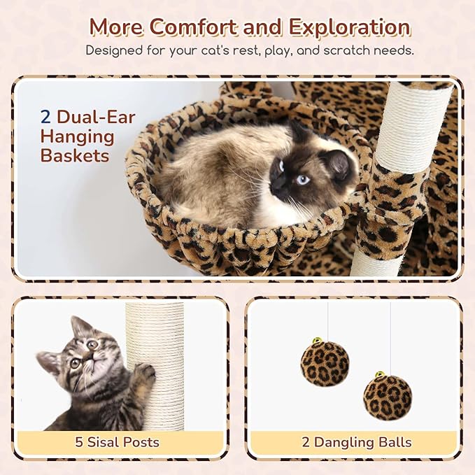 Globlazer Heavy Duty Cat Tree, 74inch Sturdy Cat Tower for Large Cats Adult, Big Cat Tree with 5 Sisal Scratching Posts, 2 Padded Cat Condos, 2 Hanging Baskets, Enlarged Top Perch, S74, Leopard Print