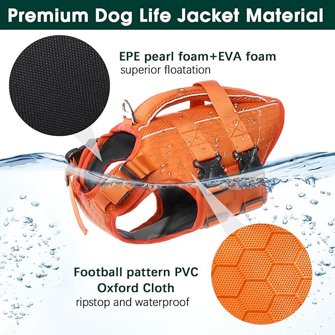 Kuoser Dog Life Jacket High Flotation, Reflective Dogs Life Vest for Swimming Boating, Adjustable Small Medium Large Dog lifejacket, Lightweight Dogs Life Preserver Rescue Handle Spring Summer Pool