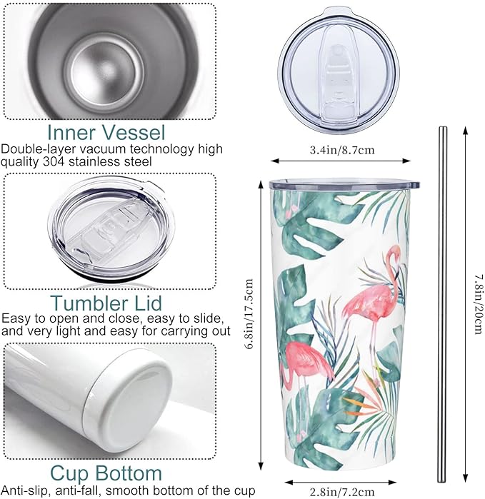 Flamingo Tumbler with Lid and Straw, 20 Oz Stainless Cup Steel Insulated Water Bottle Travel Coffee Mug, Flamingo Gifts for Women