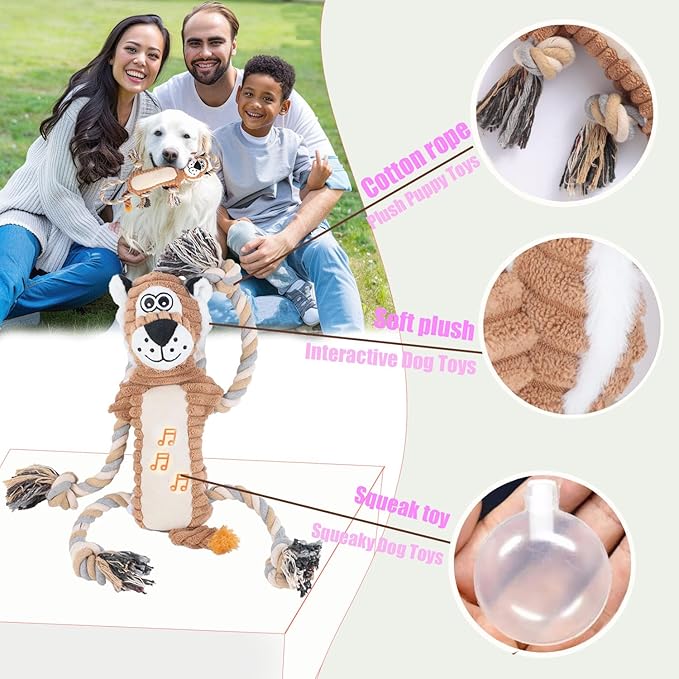 Squeaky Dog Toys Interactive Durable Rope-Infused Lion Shape Puppy Chew Toys for Small, Medium and Big Dogs