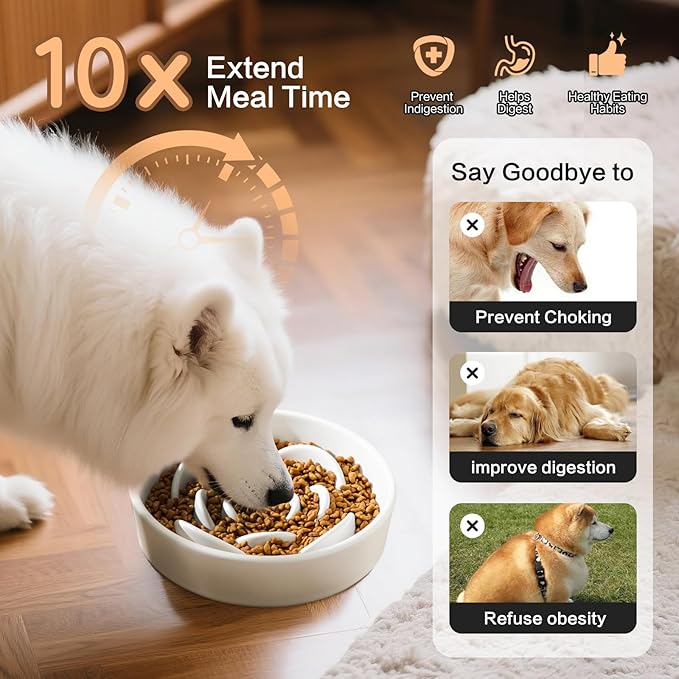 8.25'' Ceramic Slow Feeder Dog Bowls - Petal Shape Modern Dog Food Dish for Medium and Large Breeds, Puzzle Maze Bowl to Slow Down Eating, Anti-Gulping, Dishwasher & Microwave Safe, White