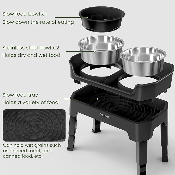 KPWACD 4-in-1 Elevated Slow Feeder Dog Bowls, 4 Height Adjustable Mess Proof Raised Dog Bowl Stand with Licking Plate, 2 Stainless Steel Doggy Food Bowl & Slow Feeder for Large Medium Small Pets