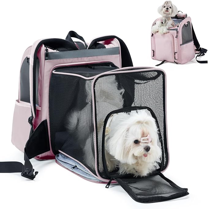 Expandable Pet Carrier, Airline-Approved Foldable and Detachable Backpack, Fits 13lbs Cat&11lbs Small Puppy Dog, for Car Travel,Camping and Emergency Transportation and Shelter (Pink)