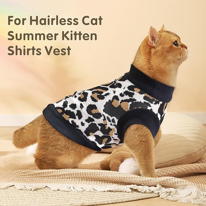 Idepet Cat Clothes Kitten Sweater Soft Kitten Shirt Cute Leopard Print Kitty Vest Pullover Pajamas Jumpsuit Cotton Apparel for Hairless Cats &Puppy (White,S)