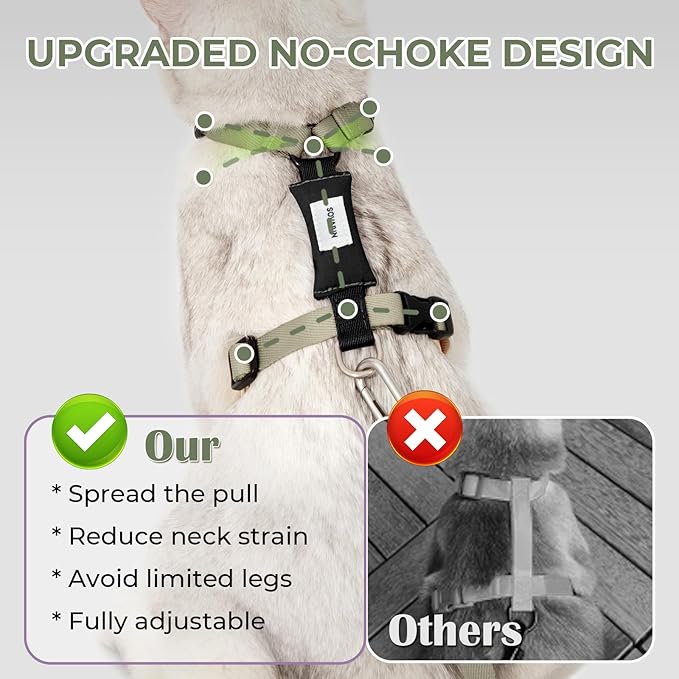 Cat Harness and Leash Set - Green Extra Lightweight Soft Kitten Harness Escape Proof, Adjustable Travel Pet Harness for Walking，Easy Control Comfortable Outdoor (Olive Green, One Size)