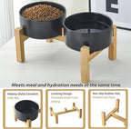 Raised Ceramic Dog Bowl Set - Elevated Dog Bowls with Non Slip Bamboo Stand, Food and Water Bowl Set for Small and Medium Breed Dogs, Pet Bowls, Weighted Dogs Dishes (6'', 2 * 30OZ, Black)