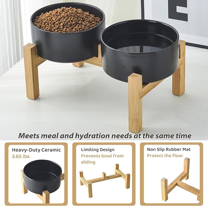 Raised Ceramic Dog Bowl Set - Elevated Dog Bowls with Non Slip Bamboo Stand, Food and Water Bowl Set for Small and Medium Breed Dogs, Pet Bowls, Weighted Dogs Dishes (6'', 2 * 30OZ, Black)