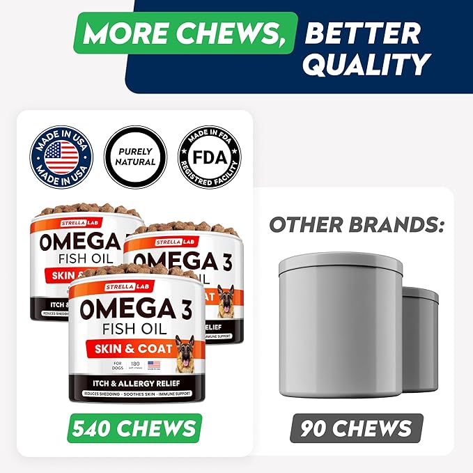 STRELLALAB Omega 3 for Dogs - (540Ct) Fish Oil Treats - Allergy & Itch Relief Skin&Coat Supplement - Dry Itchy Skin, Shedding, Hot Spots Treatment, Anti Itch - Pet Salmon Oil Chews - Chicken