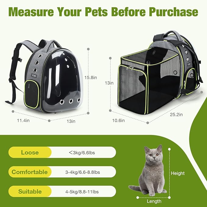 Lekereise Cat Backpack Carrier, Expandable Large Space Cat Bubble Backpack for Kitty Small Dog up to 18lbs, Transparent Pet Carrier for Travel, Hiking, Walking & Outdoor, Gray