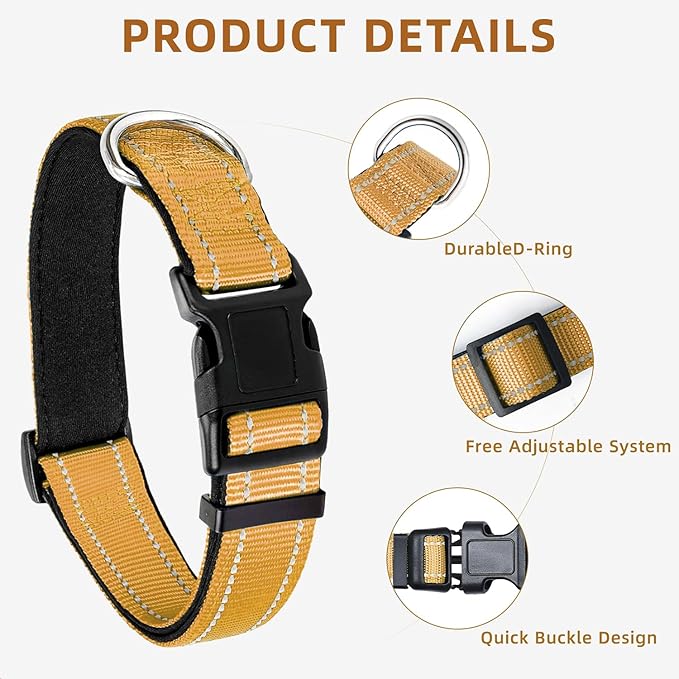 Reflective Dog Collar, Soft Neoprene Padded Nylon Pet Collar with Quick-Release Buckle, Adjustable for Extra Large Dogs,Khaki,XL