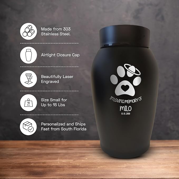 Personalized Custom Small Keepsake Urn Engraved with Pet Name, Date and Cat Design - 5.2" Black Powder Coated Steel Cremation Urn for Cat Ashes | 12-16 lb Capacity, Paws with Heart and Halo