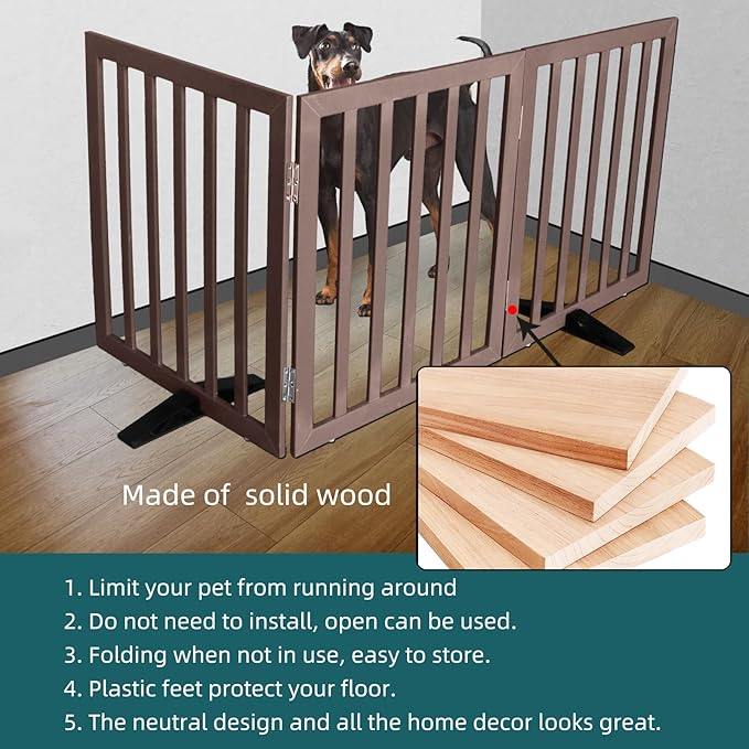 ZJSF Freestanding Indoor Dog Gate for House Foldable Wood Puppy Gate for Doorways Pet Gate for Stairs Extra Wide Pet Fence, Brown, 32" Height 3 Panels