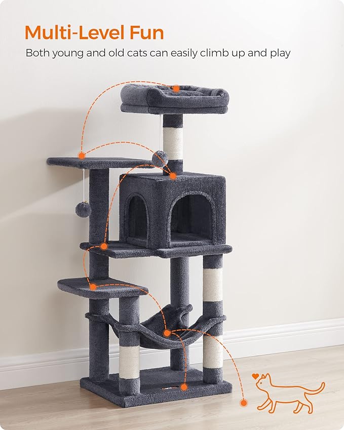 Feandrea Cat Tree, 44.1-Inch Cat Tower for Indoor Cats, Multi-Level Cat Condo with 4 Scratching Posts, 2 Perches, Hammock, Cave, Smoky Gray UPCT261G01