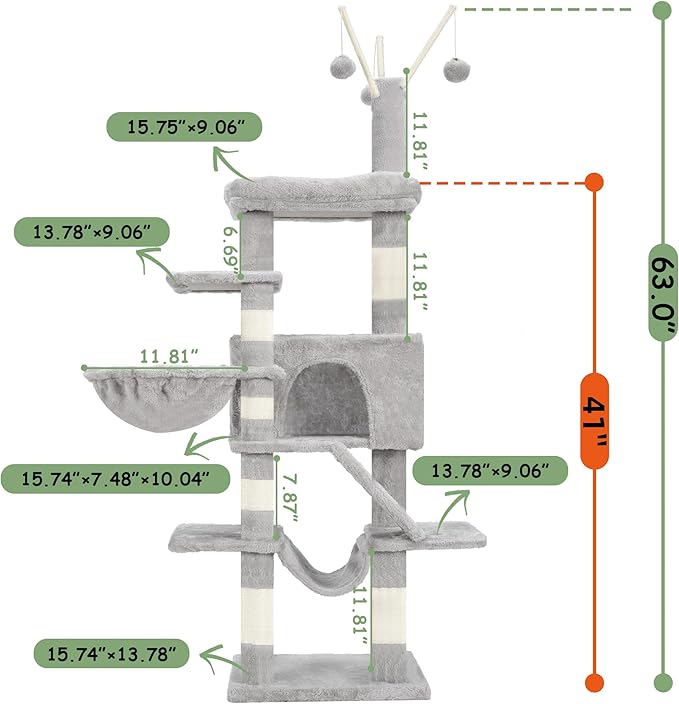 Cat Tree, Multi-Level Cat Tower for Indoor Cats, Cat Condo with Cat Scratching Post and Board, Cat Hammock, Light Gray GCT011W
