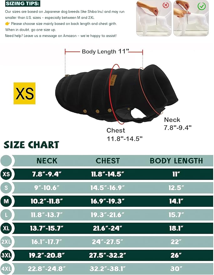 SPACE LION Puffer Jacket, Down Winter Coat, Waterproof, Windproof, Lightweight Jacket, Adjustable Fit for Small Dogs(Black,XS)