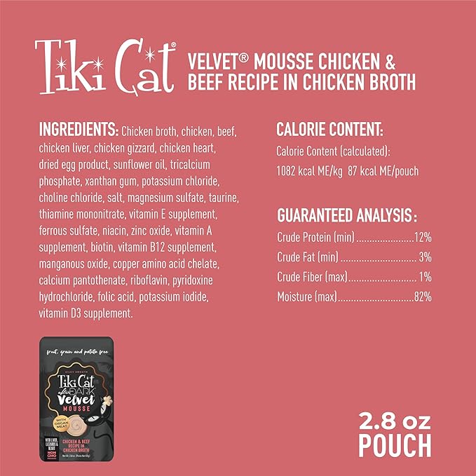 Tiki Cat After Dark, Velvet Mousse, Chicken & Beef Recipe in Chicken Broth, Grain & Potato Free Formula, with High Protein & Nutrient Dense Blended Irresistible Organ Meat, 2.8 oz. Pouch (12 Count)