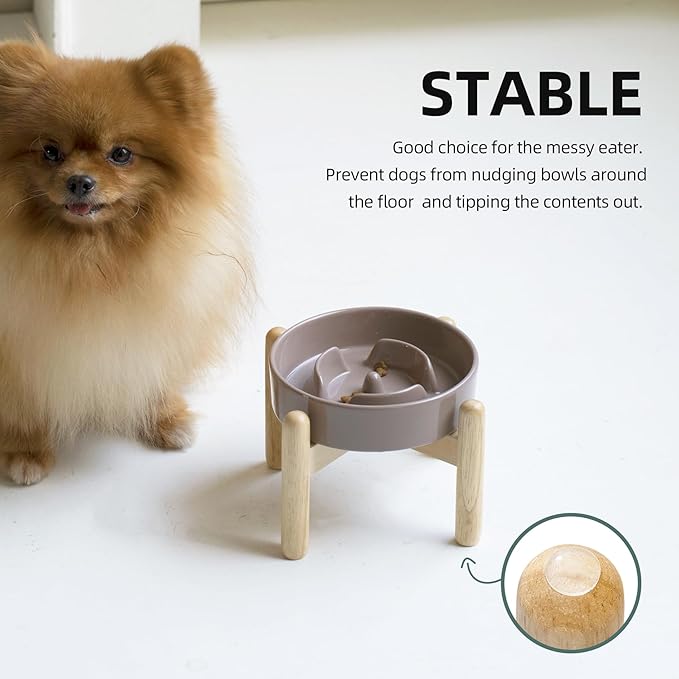 6.1inch Ceramic Raised Slow Feeder Set, Elevated Bowl with Wooden Stand for Small Dog and Cat, Puzzle Slow Dog Food Dish, Preventing Choking(Brown Coffee, Single Bowl+ Stand)