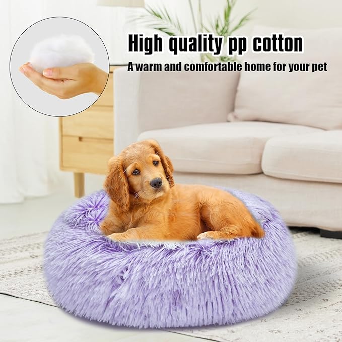 Calming Dog Beds & Cat Cave Bed with Hooded Cover,Washable Round Beds for Small Medium Pets,Anti-Slip Faux Fur Fluffy Coved Bed,Comfortable Warming Pet Bed(24 * 24inch,Purple)