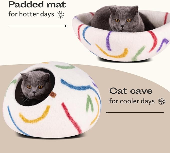 MEOWFIA Cat Cave – Premium Felt Cat Bed for Indoor Cats, Handmade 100% Merino Wool (Vivid Shades) (Medium, Ivory Rainbow)