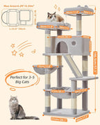 Taoqimiao Cat Tree 57.5-Inch, Cat Tower for Indoor Cats Large Adult, Extra Large Cat Condo, 8 Sisal Scratching Posts, Metal Frame Cozy Hammock, Durable Scratch Board, 2 Top Perches, Light Gray MS026W