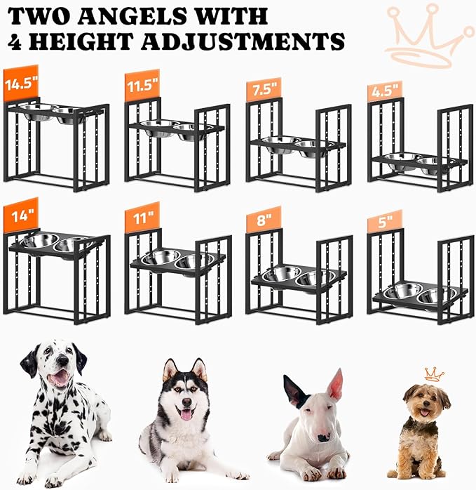 Elevated Dog Bowls for Medium Breed: 4 Height Adjustable Raised Dog Bowl with Metal Stand, Feeder Station with 2 Stainless Steel Bowls, Black with Feeding Mat