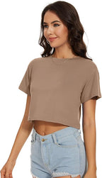 Womens Summer Crop Tops Short Sleeve Round Neck T-Shirts Loose Fit Casual Blouse