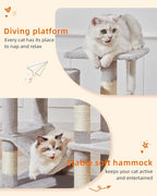 Taoqimiao Cat Tree, 61-Inch Cat Tower for Indoor Cats, Plush Multi-Level Cat Condo with 5 Scratching Posts, 2 Perches, 2 Caves, Hammock, 2 Pompoms, Light Gray MS013SW