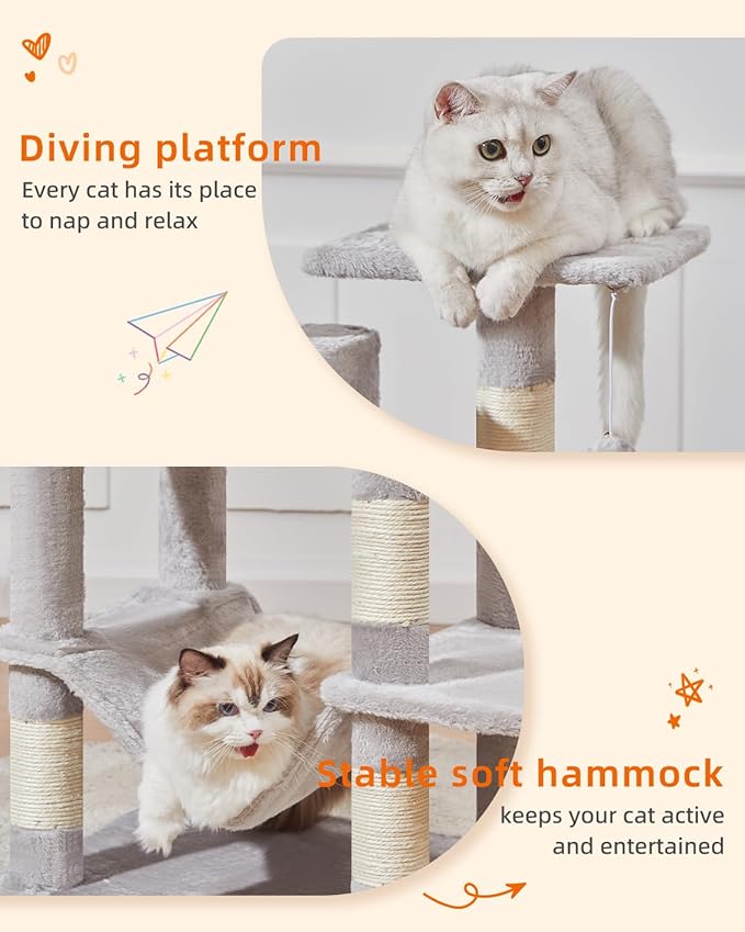 Taoqimiao Cat Tree, 61-Inch Cat Tower for Indoor Cats, Plush Multi-Level Cat Condo with 5 Scratching Posts, 2 Perches, 2 Caves, Hammock, 2 Pompoms, Light Gray MS013SW