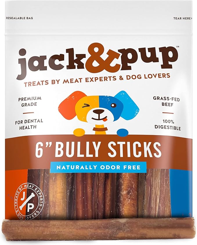 Jack&Pup 6 Inch Bully Sticks for Medium Dogs (25 Pack) Dog Chews Long Lasting, Single Ingredient 100% Beef Bully Sticks for Dogs