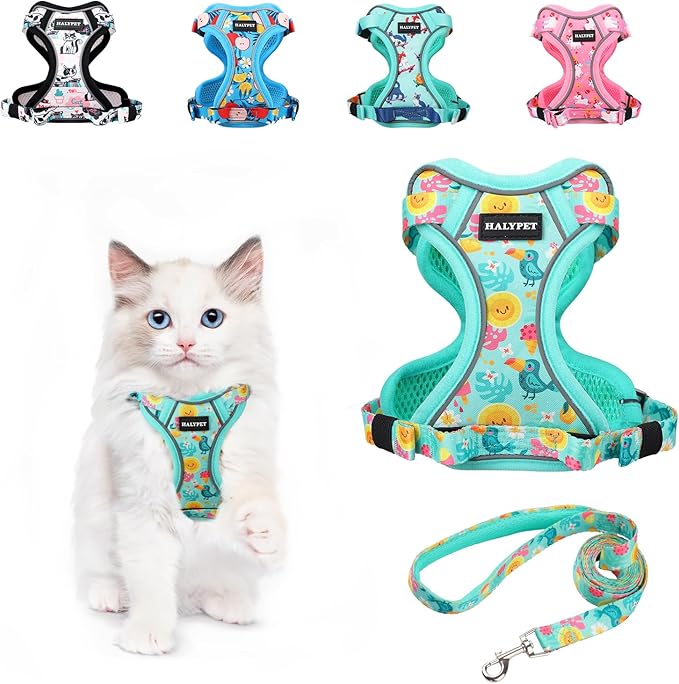 Halypet Cat Harness and Leash Set[MAX Safety 4th-Gen] Cute Escape Proof Vest Harness for Girl&Boy Cat Walking, Comfortable Adjustable Leash and Reflective Strips for Outdoor Kitten, XS Green Tropics