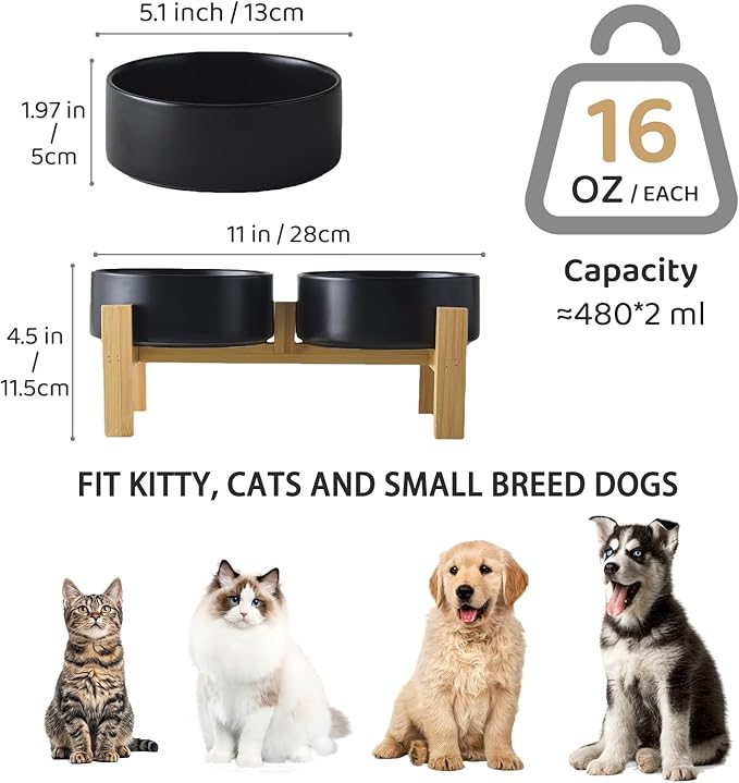 Elevated Ceramic Dog Bowl Set - Raised Dog Bowls with Non Slip Bamboo Stand, Food and Water Bowl Set for Kitty, Cats and Toy Breed Dogs, Pet Bowls, Weighted Dogs Dishes (5.1'', 2*16OZ, Black)