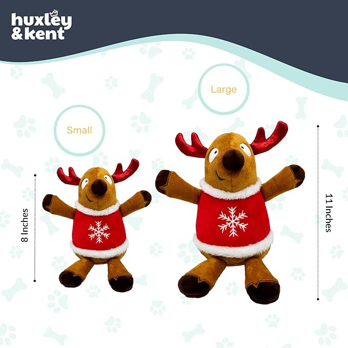 Huxley & Kent Funny Dog Toy w/Squeaker – Holiday Power Plush Squeaky Dog Toys for Small, Medium & Large Dogs – Soft Stuffed Animal for Indoor Play & Fetch - Rocky Reindeer, Small