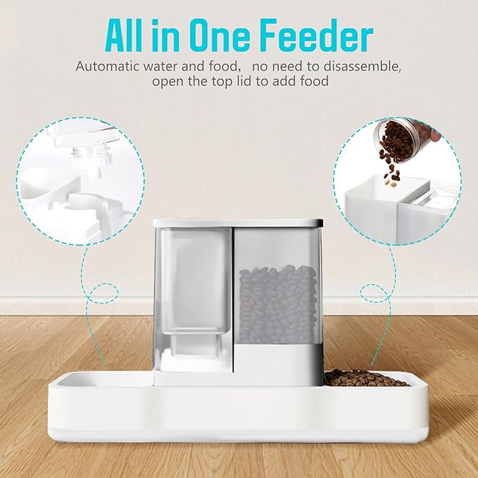 Automatic Small Pet Feeder and Water Dispenser, 2 in 1 Gravity Cat Auto Cat Small Medium Dog Feeder and Waterer Set Dish for Puppy Kitten Pets (White)